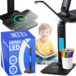 Biurkowa lampka LED z wyświetlaczem LCD, regulowana, ładowanie USB, czarna, wzór skóropodobny, 1 przycisk – E146-2