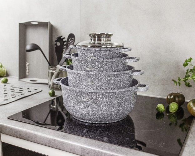 Ceramiczno-marmurowy zestaw obiadowy 17 szt. - kolor szary, szklane pokrywki, akcesoria