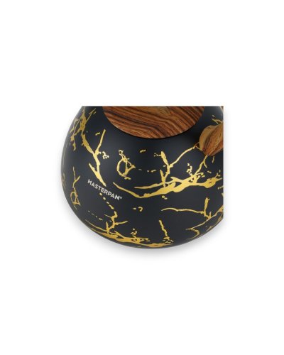 Ấm đun nước bằng thép không gỉ có còi, trang trí bằng gỗ và thiết kế màu đen và vàng - 2,8 l