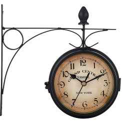 Dwustronny zegar ścienny w stylu retro, dworcowy, vintage, metalowy, czarny, średnica 24 cm