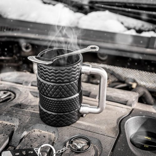 Gift set for men - mug with tire, spoon with wrench, and key chain