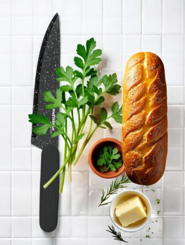 Set of kitchen knives with marble pattern and stand - 8 pcs