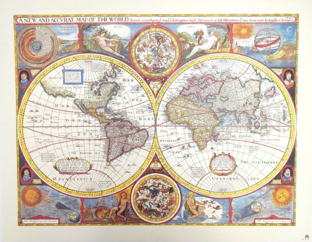 Mapa świata w stylu retro autorstwa Johna Speeda, 1651