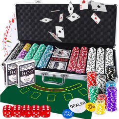 Pokerová sada 500 žetonů v aluminiové kufříku – karty, kostky, Texas Hold'em