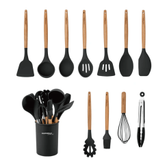 Set of silicone kitchen tools - 12 pcs, black with wooden handles