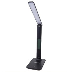 Biurkowa lampka LED z wyświetlaczem LCD, regulowana, ładowanie USB, czarna, wzór skóropodobny, 1 przycisk – E146-2