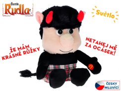 Rudla Diabeł pluszowy 20 cm siedzący na baterii Czeski mówiący świecące rogi