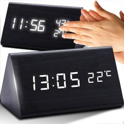 Elektroniczny cyfrowy budzik z termometrem i higrometrem, czarny