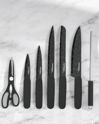 Set of kitchen knives with marble pattern and stand - 8 pcs