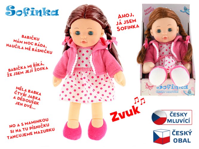 Lalka Sofinka brązowa dziewczynka 31 cm mrugające miękkie ciało na baterie czeski mówiący w pudełku