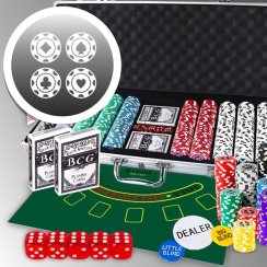 Pokerová sada 500 žetonů v aluminiové kufříku – karty, kostky, Texas Hold'em