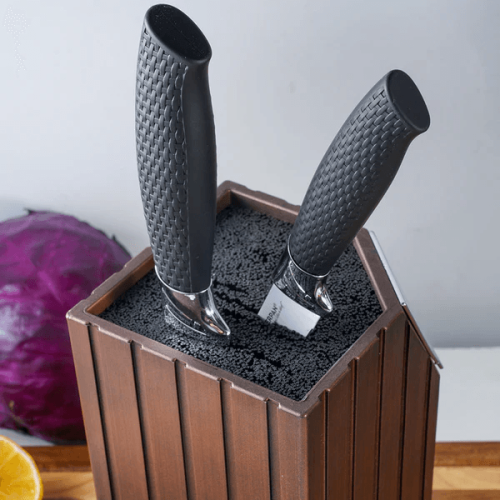 Kuchyňský stojan na nože – hedvábně měděný design, 22 cm