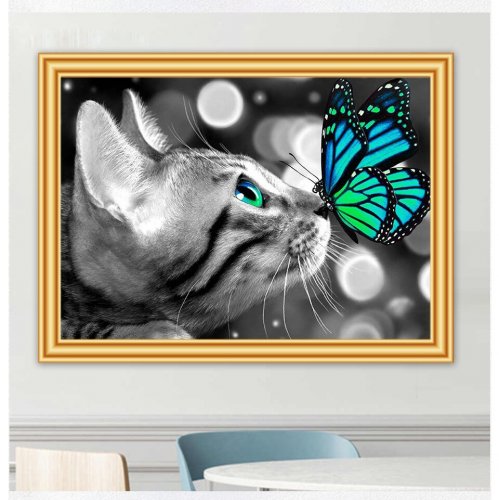 Mozaiková diamantová výšivka - Mačka a motýľ