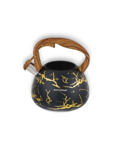 Ấm đun nước bằng thép không gỉ có còi, trang trí bằng gỗ và thiết kế màu đen và vàng - 2,8 l