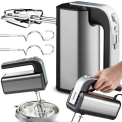 Mikser ręczny, robot kuchenny, 300 W, TURBO, trzepaczki, haki, 5 prędkości, srebrny - ER1225