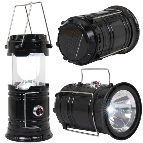Rechargeable, solar, retractable camping lamp with USB port