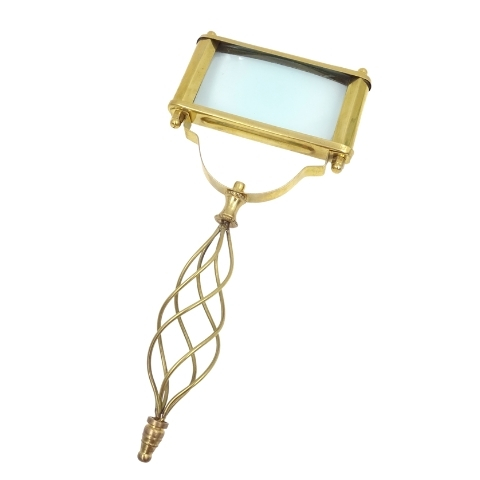 Large rectangular brass magnifying glass with wire handle