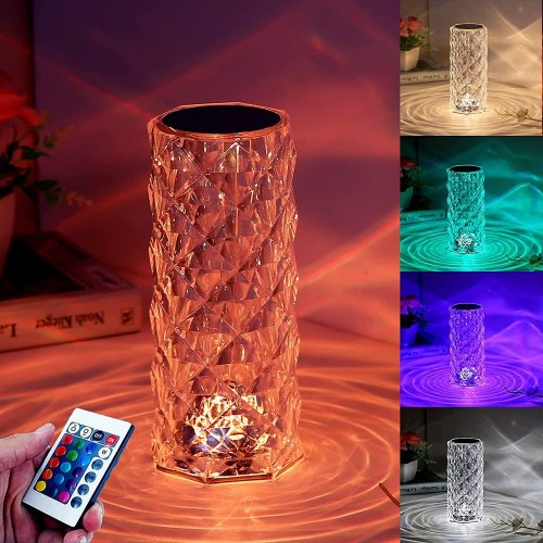 Krištáľová RGB LED stolová lampa s efektom 3D ruže - veľká