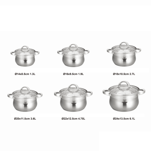 Set of 12 stainless steel pots with glass lids