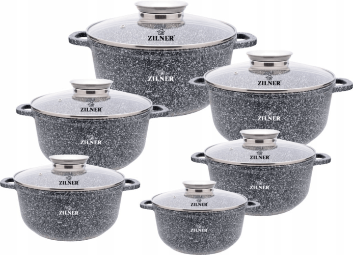 Set of pots with ceramic-marble surface and lids, 12 pieces
