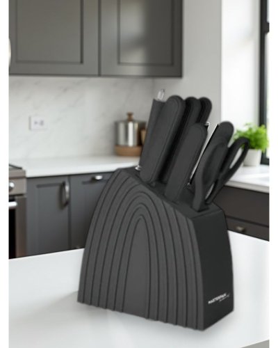 Set of kitchen knives with marble pattern and stand - 8 pcs