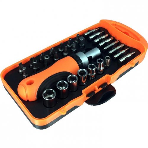 Set of ratchet bits and socket wrenches, including a 29-piece screwdriver