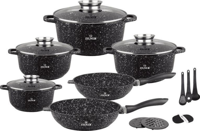 Marble cookware set with pans and accessories - 17 pcs, black