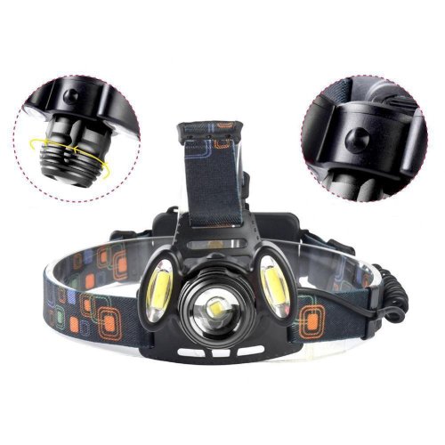 Akumulatorowa latarka czołowa HEADLIGHT z trzema reflektorami i zoomem - czarna