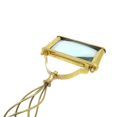 Large rectangular brass magnifying glass with wire handle