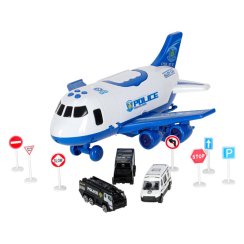 Transportní letadlo s 3 policejními auty a doplňky – se světlem a zvukem