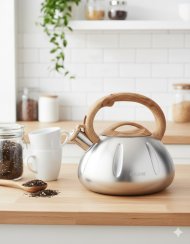 Nerezová konvice s píšťalkou a dekorem dřeva – 3 l