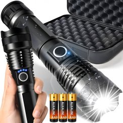 Silná taktická LED svítilna XHP90 se zoomem, survivalová, na baterie