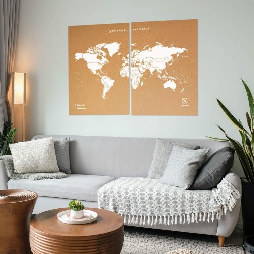 Korková nástěnná mapa světa- přírodní, bílá XXL