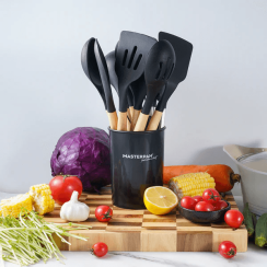 Set of silicone kitchen tools - 12 pcs, black with wooden handles