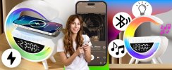 Nocna lampka LED RGB bezprzewodowa ładowarka Bluetooth zegar radio głośnik