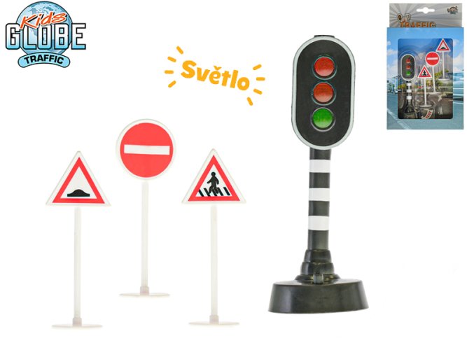 Detská semaforová súprava 13 cm na batérie so svetlom + 3 značky v krabici