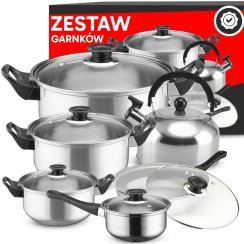 Zestaw naczyń kuchennych 11 elementów – garnki, patelnia, czajnik, pokrywki – gaz i indukcja