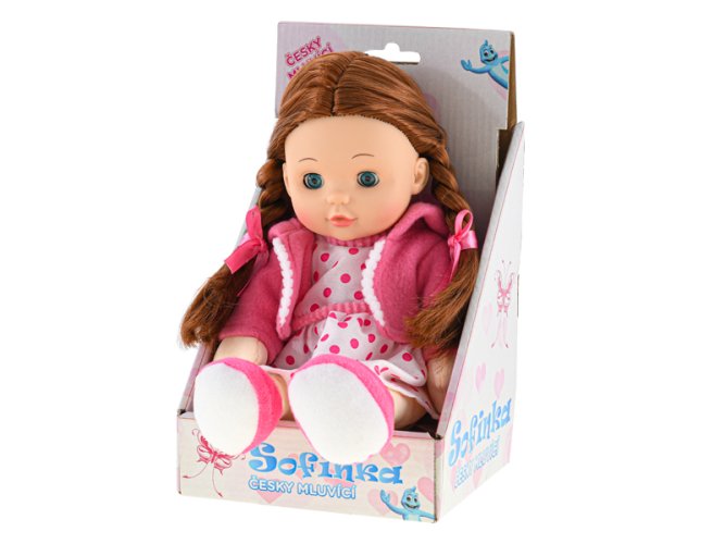 Lalka Sofinka brązowa dziewczynka 31 cm mrugające miękkie ciało na baterie czeski mówiący w pudełku