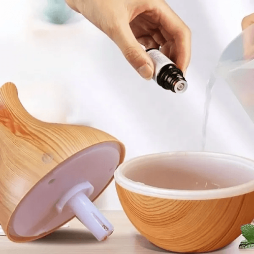 Aroma difuzér a zvlhčovač vzduchu s LED osvětlením – 130 ml, dřevěný dekor