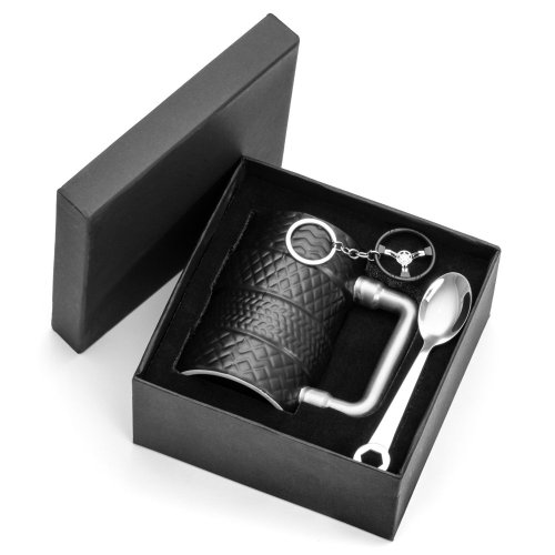 Gift set for men - mug with tire, spoon with wrench, and key chain