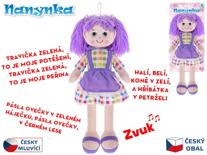 Bábika Nanynka, fialová, 50 cm, mäkké telo, na batérie, hovorí po česky a spieva, 0m+, na kartičke