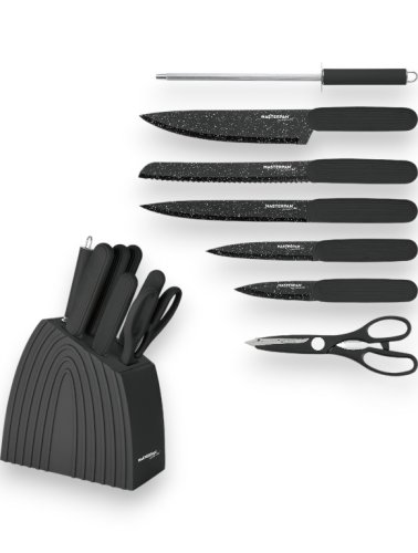 Set of kitchen knives with marble pattern and stand - 8 pcs