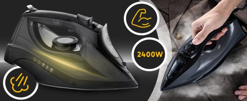 Výkonná parní žehlička velký výkon 2400W keramická podrážka Anti-Drip Anti-Calc