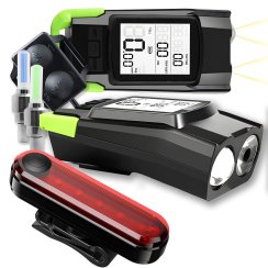 Cyklistická lampička, světlo na ventil LED + počítač + klakson, zvonek, přední, zadní LED