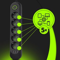 Przedłużacz 5 m – listwa zasilająca 5 gniazd, 3× USB, ochrona przepięciowa, wyłącznik