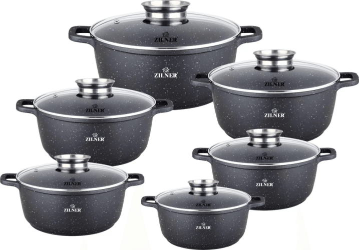 Set of pots with black ceramic-marble surface and lids, 12 pieces