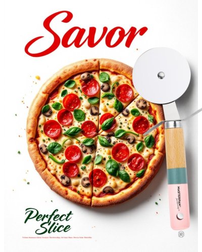 Krajalnica do pizzy z drewnianą rączką - różowo-niebieska