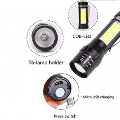 Hand-held rechargeable flashlight with ZOOM light and COB room light