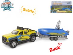 Kids Globe Traffic ciągnik z łodzią metalowy 27 cm bieg wsteczny na baterie z oświetleniem i dźwiękiem w pudełku