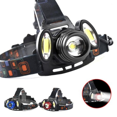 Akumulatorowa latarka czołowa HEADLIGHT z trzema reflektorami i zoomem - czarna